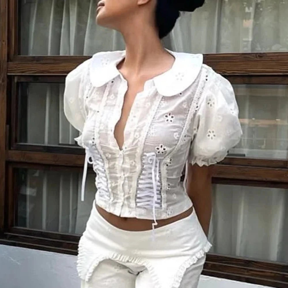 Soft Spliced Button Blouse With Lapel Collar