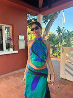 Print Two Piece Beach Set With Sexy Halter Top And High Waist A Line Skirt