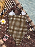 Striped Plaid V Neck  One Piece Swimsuit Female Frilled High Leg Cut Padded