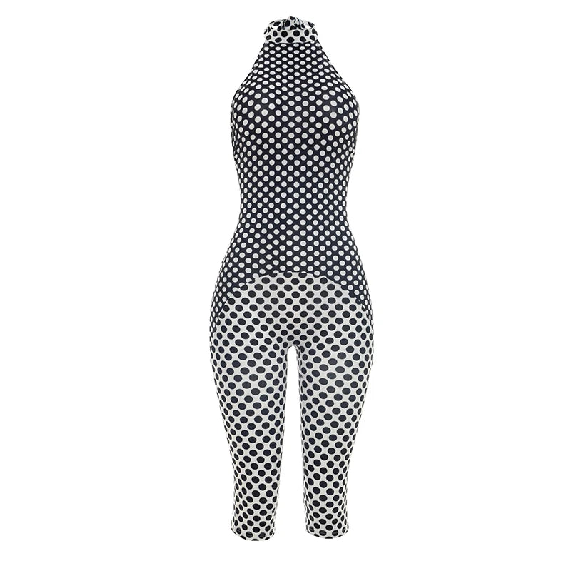 Polka Dot Halter Romper For Women Backless Sleeveless Slim Fit