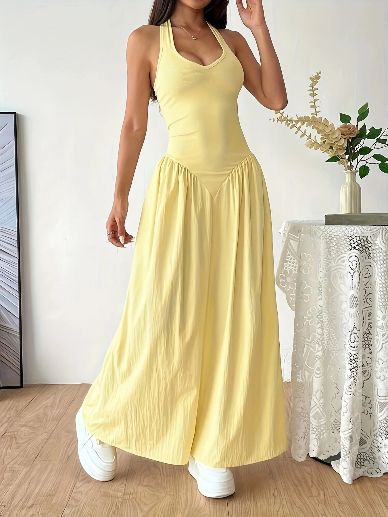 Yellow Halter Neck Maxi Dress Sleeveless Backless V Neck A Line