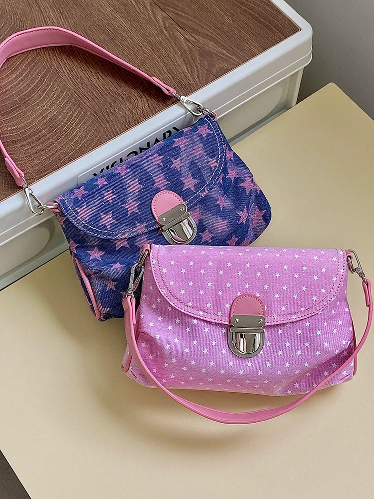 Contrast Color Star Print Crossbody Bag for Women Lightweight Shoulder Purse With Buckle