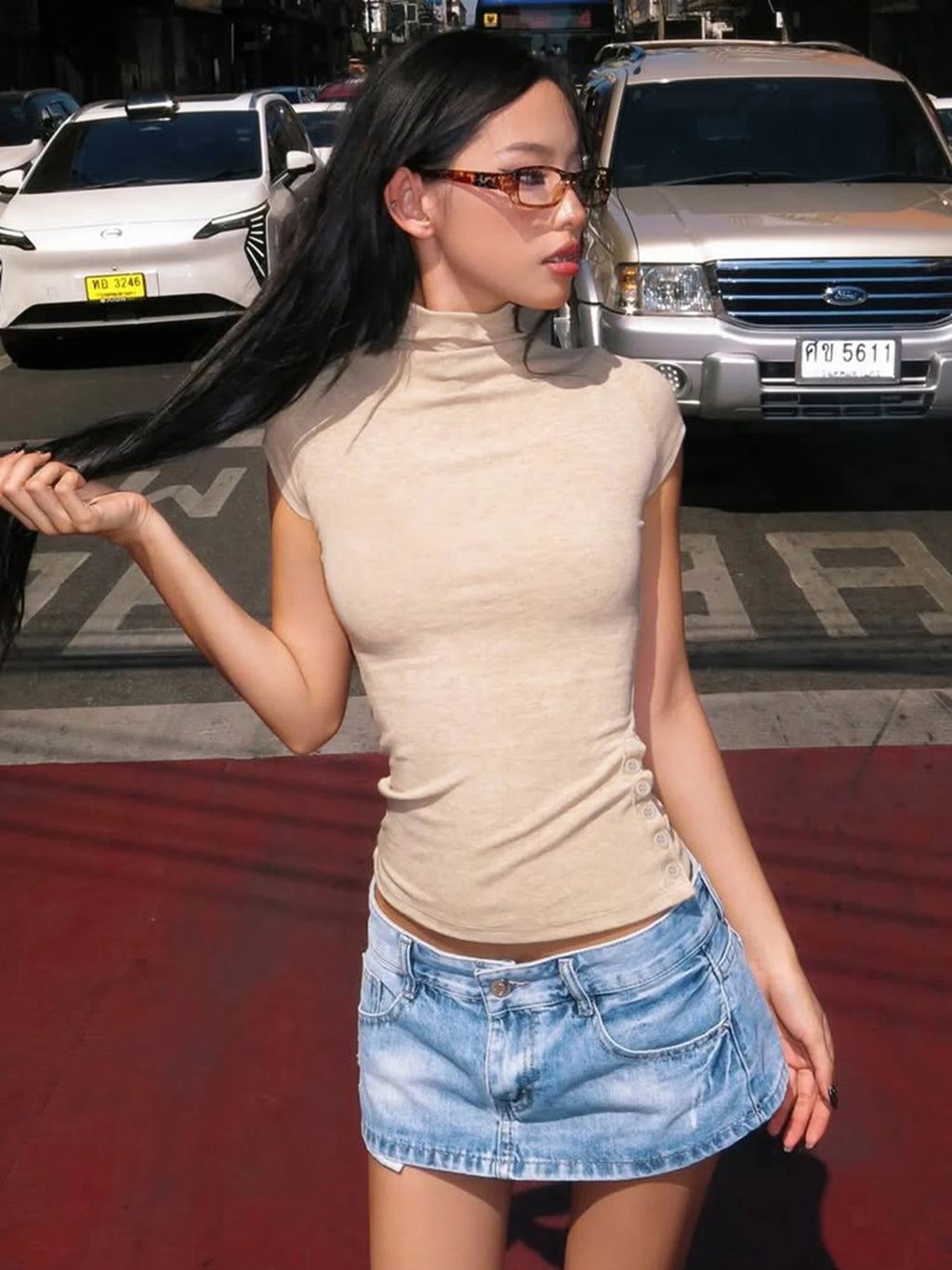 Turtleneck Crop Tank With Slit And Button Details