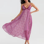 Women's Boho Chiffon Floral Print Long Strap Backless Maxi Dress