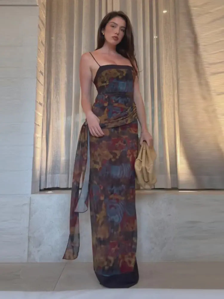 Dreamy Tie Dye Maxi Dress With Spaghetti Straps And Ruched Waist Sash Accent Breezy Vintage Style
