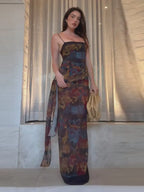 Dreamy Tie Dye Maxi Dress With Spaghetti Straps And Ruched Waist Sash Accent Breezy Vintage Style