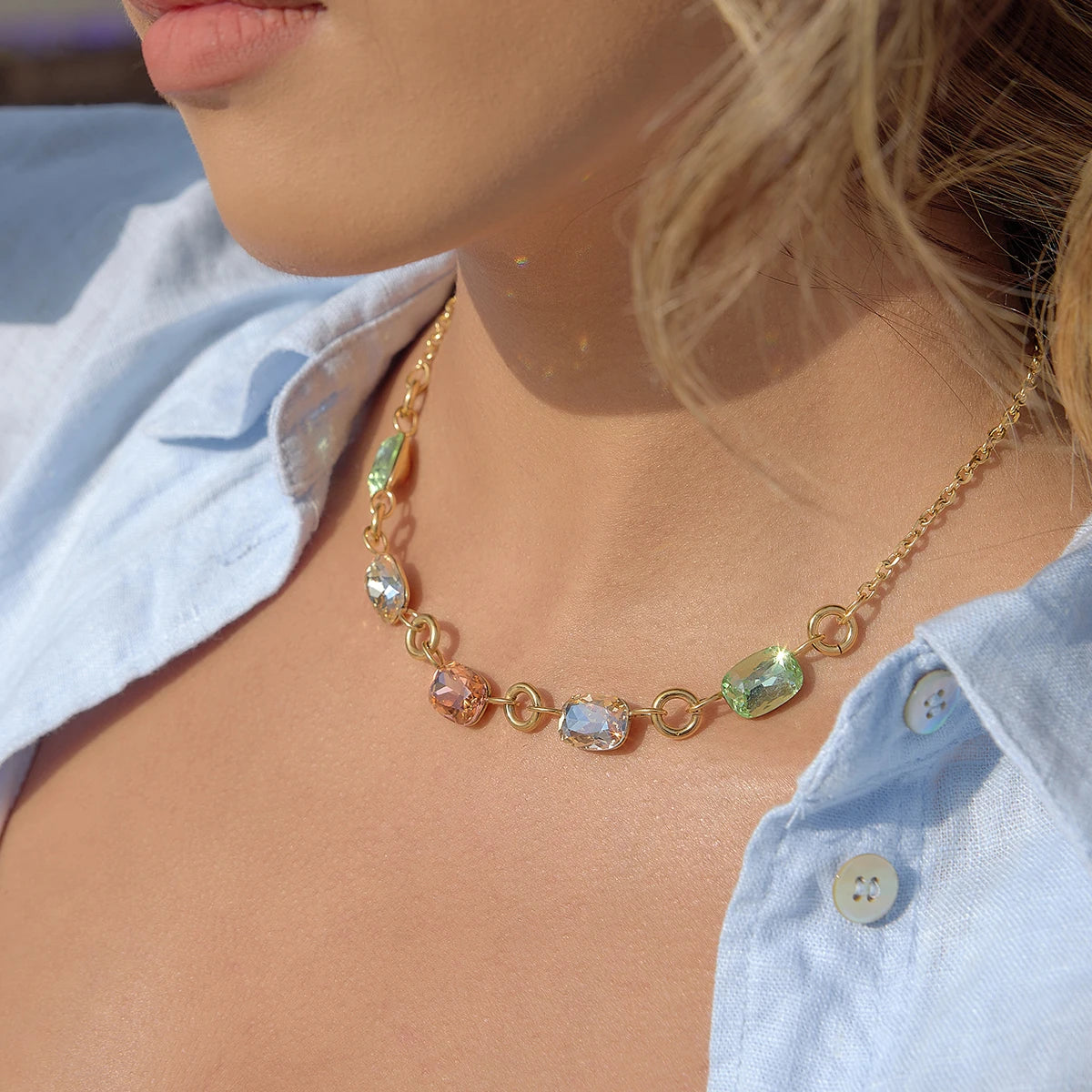 Sunlit Geometric Rhinestone Chain Necklace For Women With Delicate Sparkle And Gleaming Charm