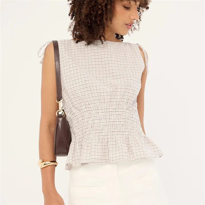 Gingham Tie Shoulder Tank Top With Shirred Ruffle Babydoll Silhouette Vintage Inspired