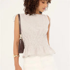Gingham Tie Shoulder Tank Top With Shirred Ruffle Babydoll Silhouette Vintage Inspired