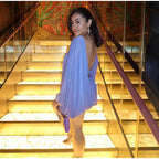 Backless Lace Up Mini Dress With Batwing Sleeves Round Neck Pleated