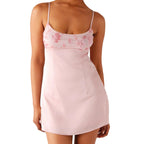 Sequin Flower Embroidered Square Neck Spaghetti Strap Mini Dress
