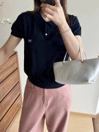 Sweet Bow Embroidered Knitted Polo Shirt For Women Short Sleeve