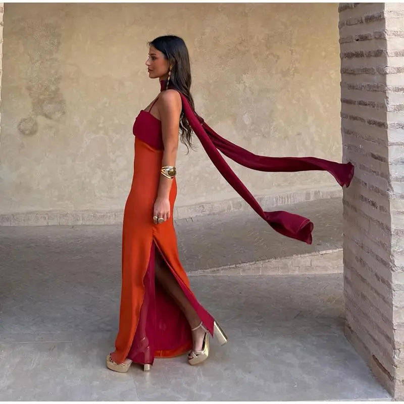 Orange Color Blocking Scarf Collar Maxi Dress For Lady Sleek Cinched Waist Bodycon Silhouette