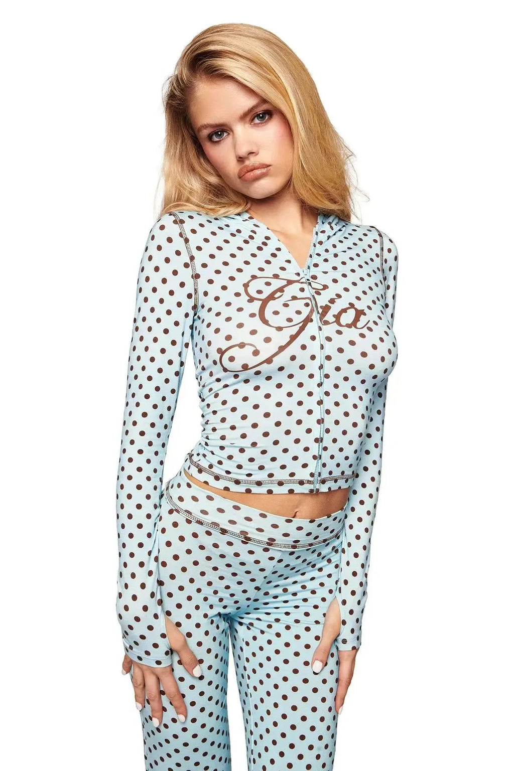 Two Piece Slim Fit Letter Print Hooded Zipper Jacket And Pants Set Open Thread Design