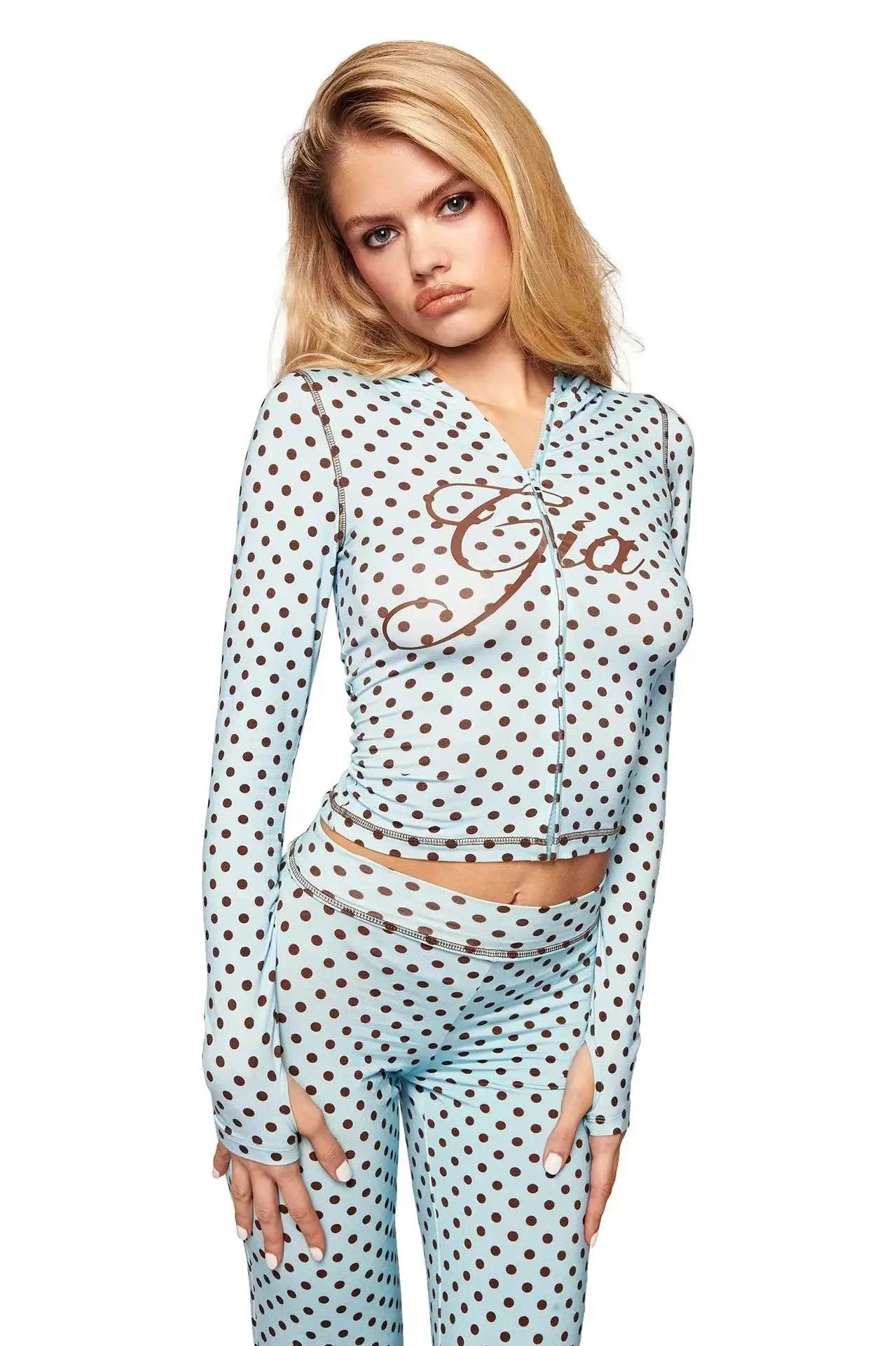 Two Piece Slim Fit Letter Print Hooded Zipper Jacket And Pants Set Open Thread Design