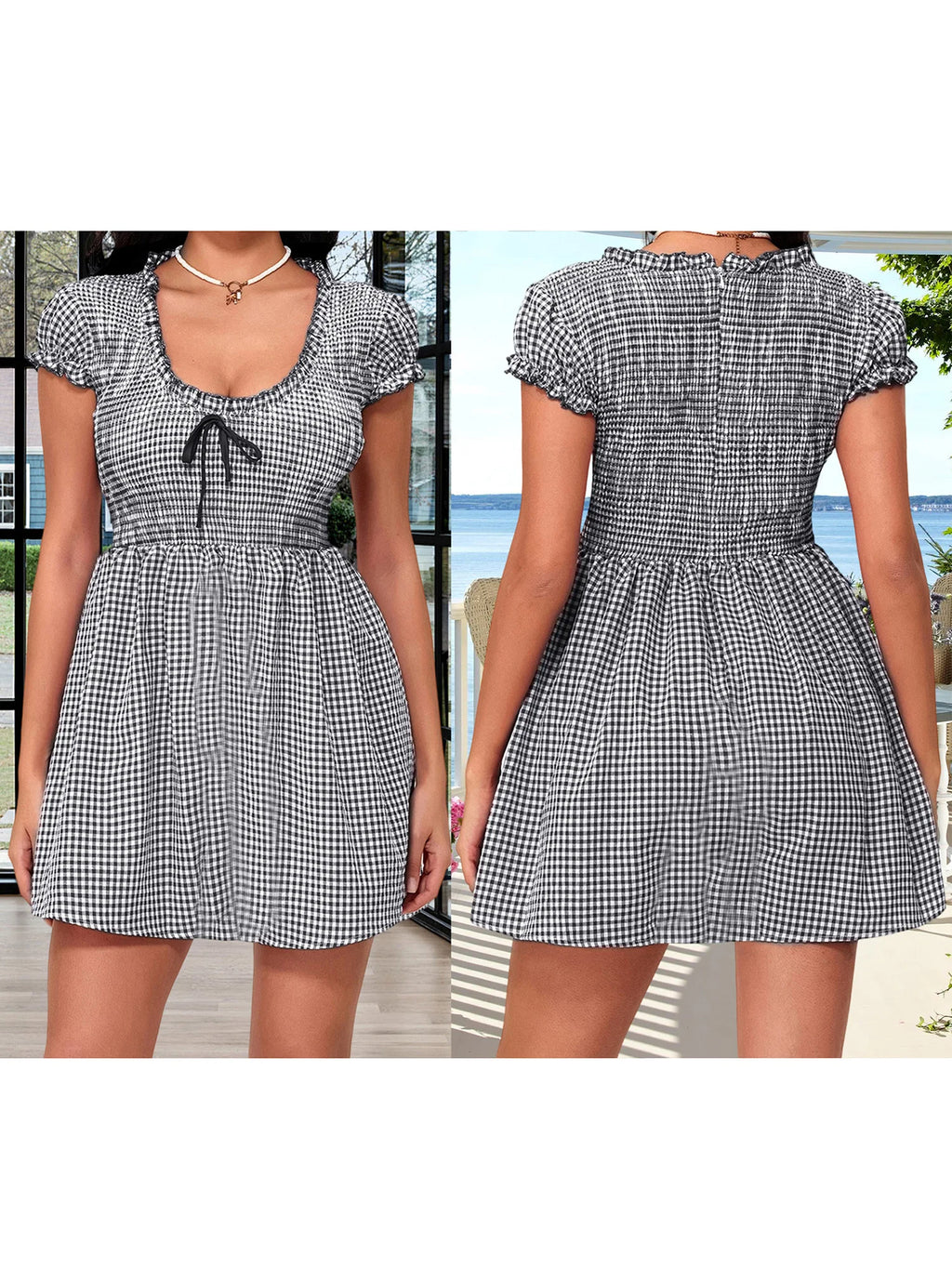 Plaid Bow Mini Dress With V Neck And Short Sleeves