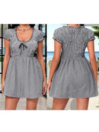 Plaid Bow Mini Dress With V Neck And Short Sleeves