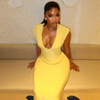 Sleeveless Ruched V Neck Bodycon Maxi Dress