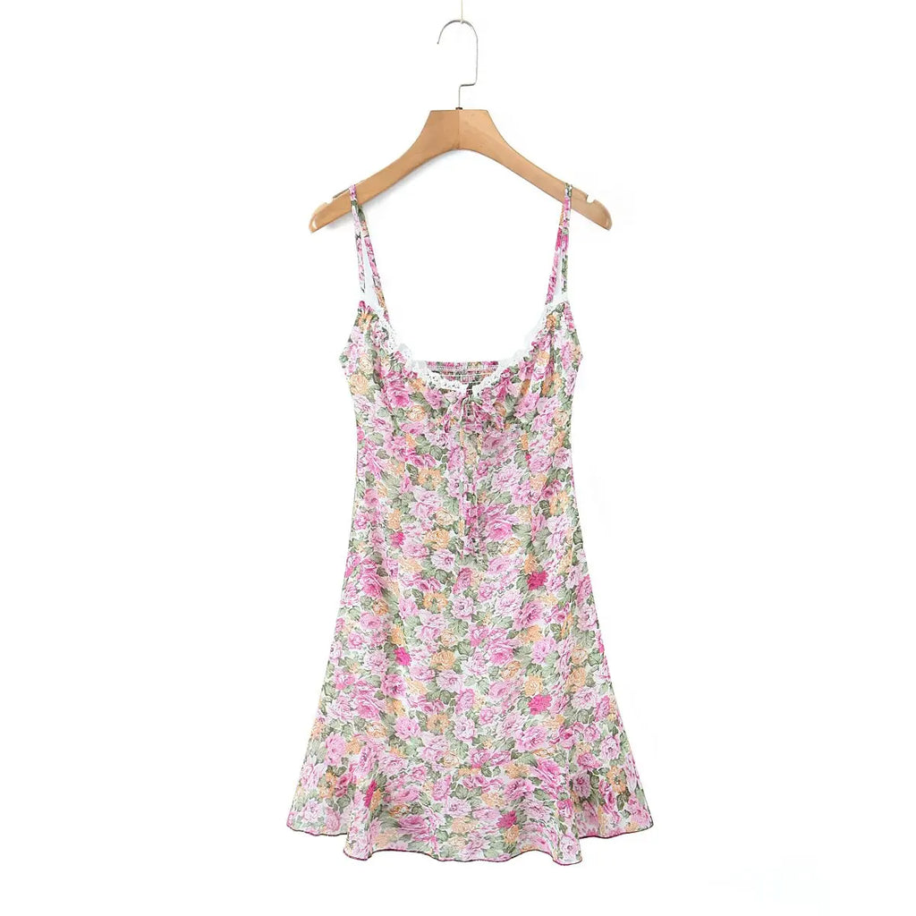 Floral Print Sexy Sling Mini Women Lace Spliced O Neck A-line Dress