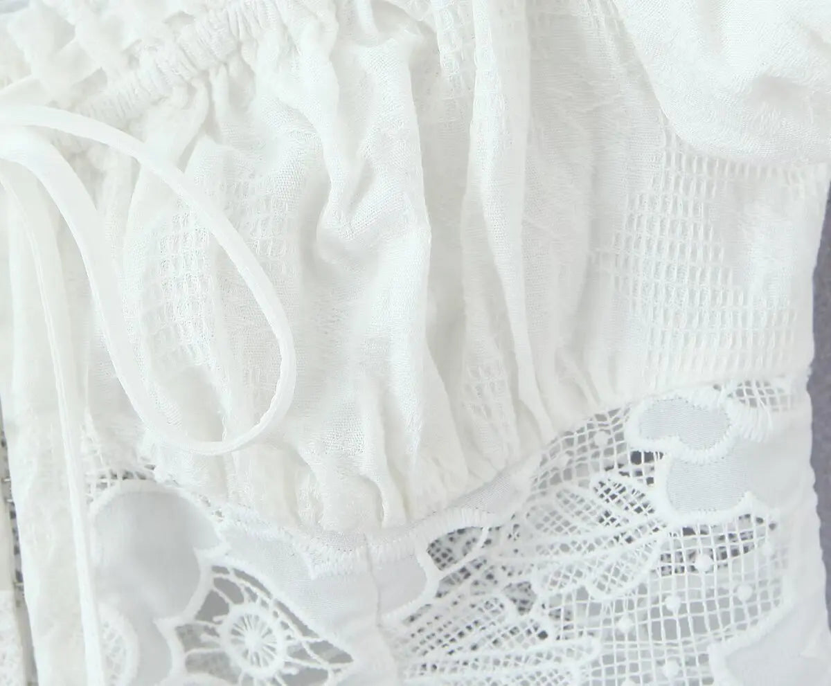 Romantic Lace Patchwork Off Shoulder Puff Sleeve Crop Top