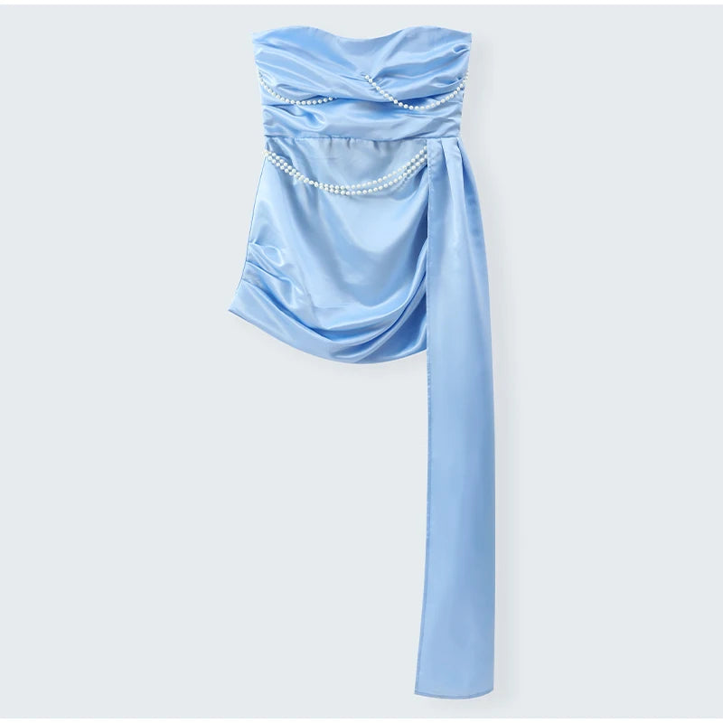 Blue Irregular Shawl Maxi Dress Slim Fit Pleated Turtleneck Elegant Evening