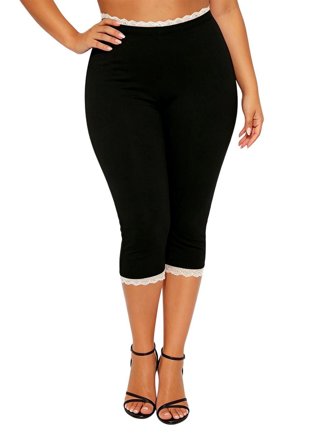 Lace Trim Capri Leggings With Elastic Waist Women Three Quarter Length