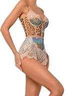 Leopard Patchwork Lace Jumpsuit With Spaghetti Straps