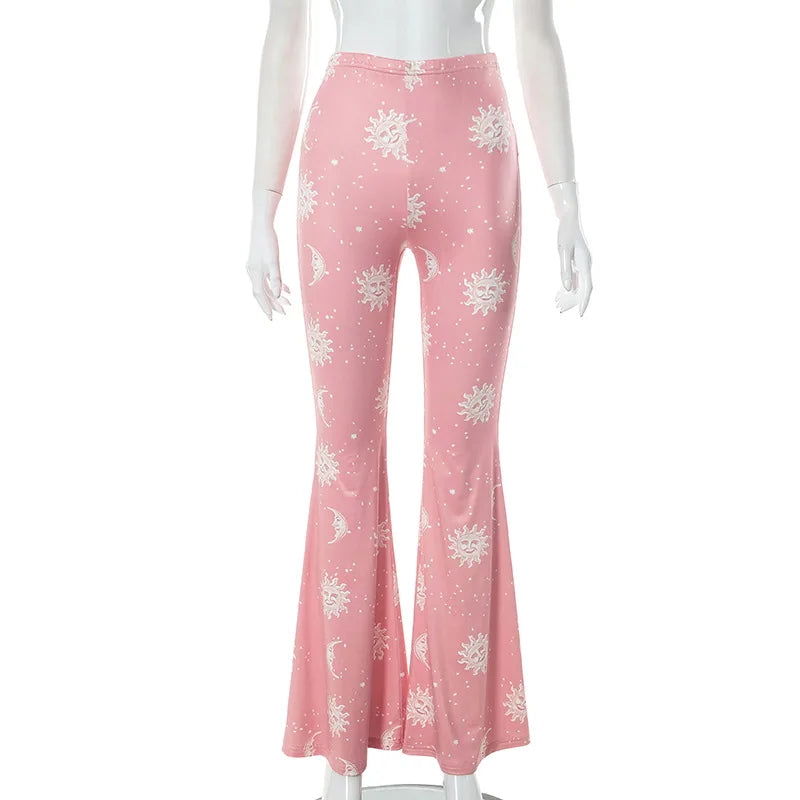 Vibrant Pink Patchwork Flared Pants With Elastic Waist And Wide Leg Streetwear Abstract Print