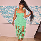 Elegant Halter Backless Ruffles Mini Dress Slim Fit With Tassel Detail