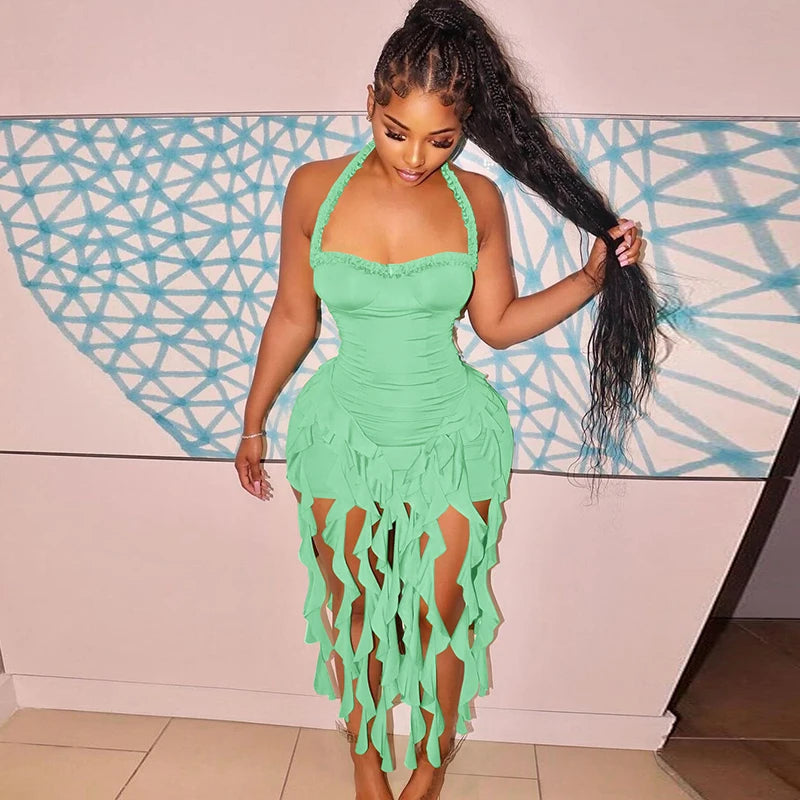 Elegant Halter Backless Ruffles Mini Dress Slim Fit With Tassel Detail