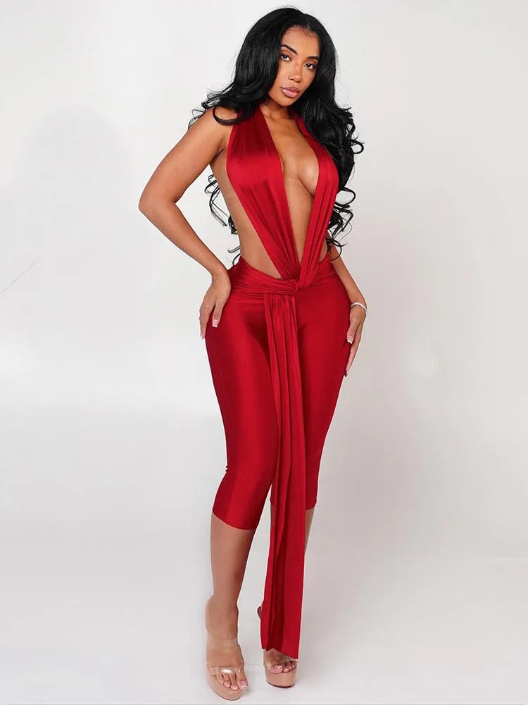 Midnight Patchwork Halter Romper Backless Slim Fit