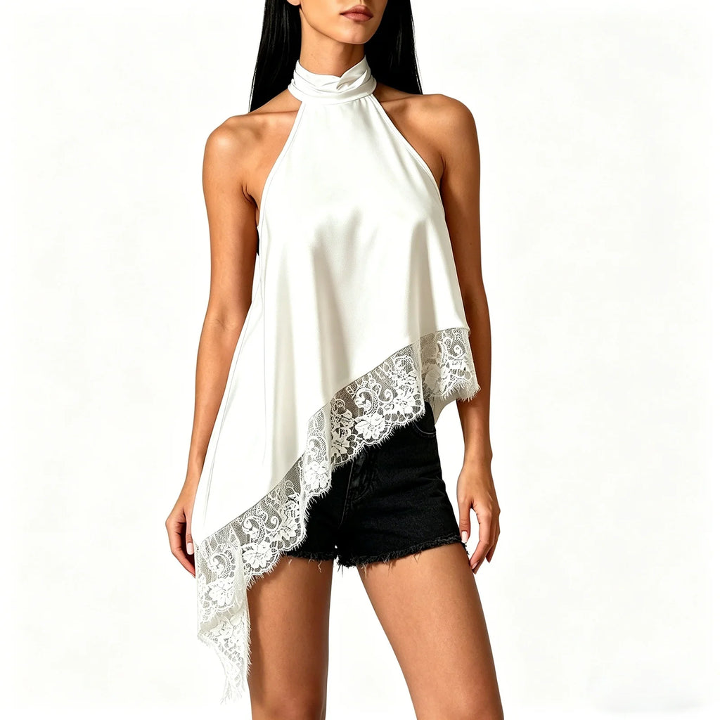 Halter Lace Trim Sleeveless Loose Fit Irregular Hem Shirt