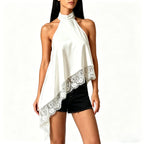 Halter Lace Trim Sleeveless Loose Fit Irregular Hem Shirt