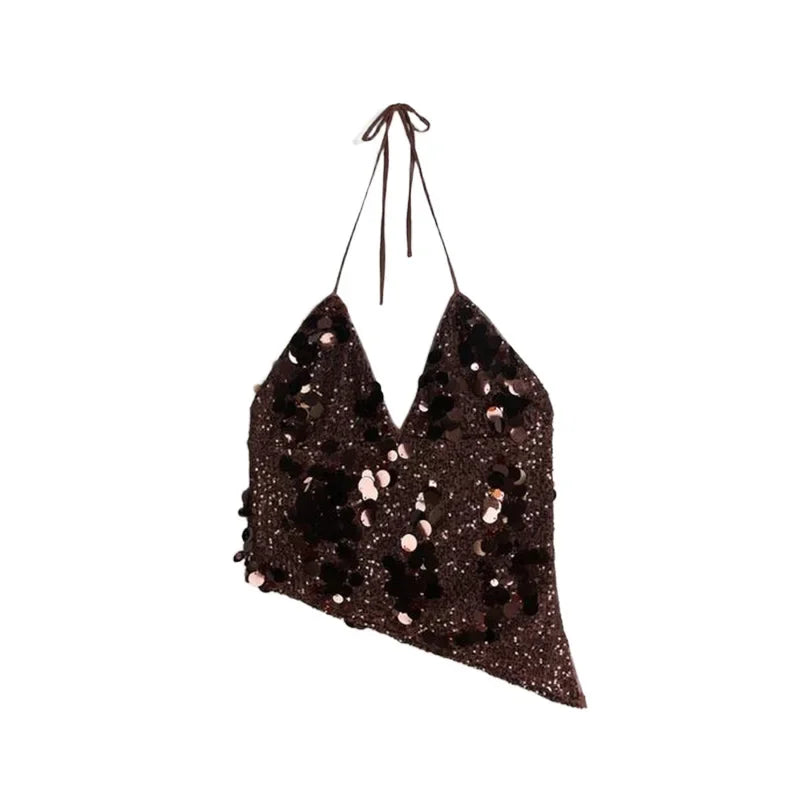 Beaded Sequin Two Piece Set Sleeveless Backless Crop Top And Mini Skirt Glam Outfit