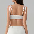 Sweet Open Back Camisole With Shirred Tie Up Spaghetti Straps Lace Trim And Square Neck