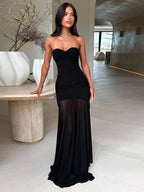 Backless Hollow Mesh Spaghetti Strap Gown Elegant Long Evening Dress