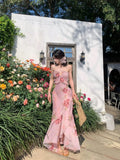 French Lace Trim Floral Neck Hanging Strap Dress