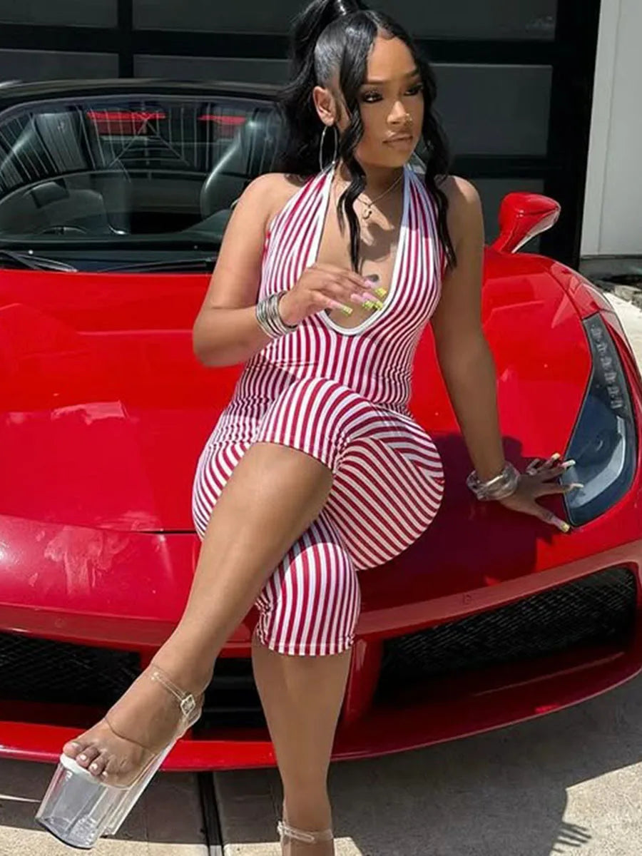 Red Striped Print Backless Halter Playsuit