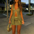 Two Piece Sequin Cardigan And Skirt Set With Hollow Out V Neck