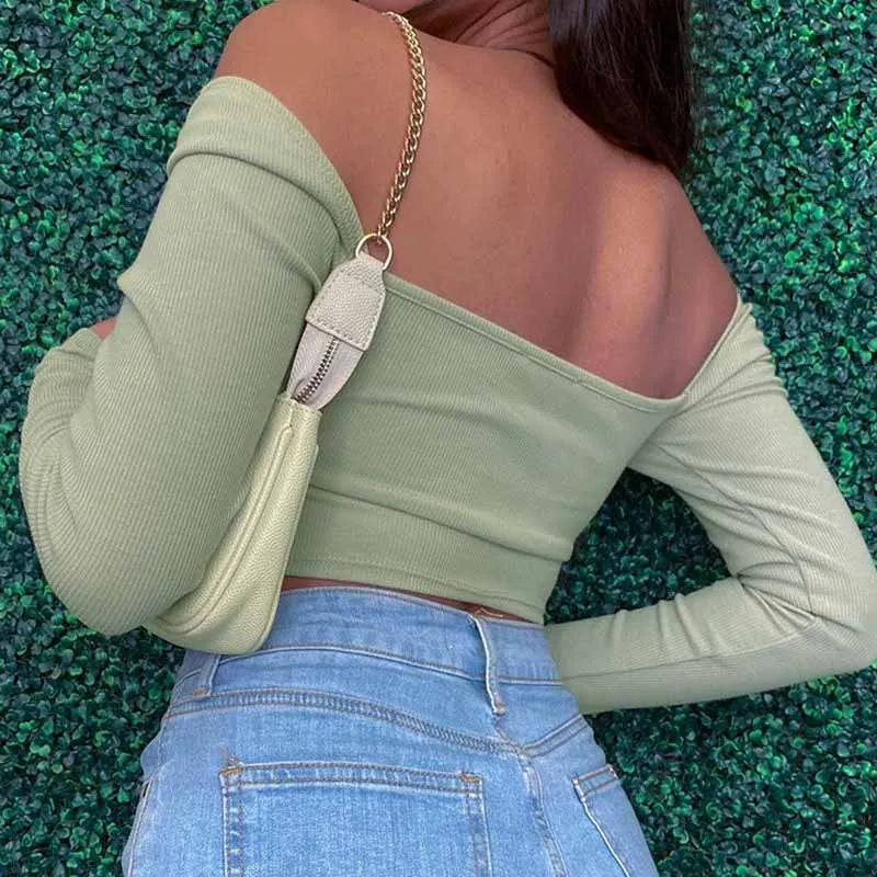 Hollow Out V Neck Ribbed Backless Crop Top With Long Sleeves And Square Collar