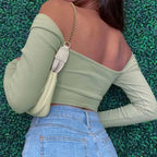 Hollow Out V Neck Ribbed Backless Crop Top With Long Sleeves And Square Collar