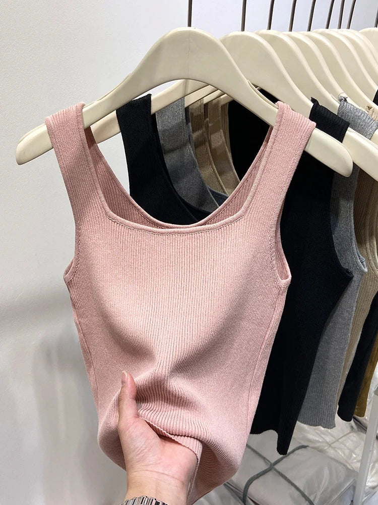 Knitted Strap Top With Clavicle Square Collar