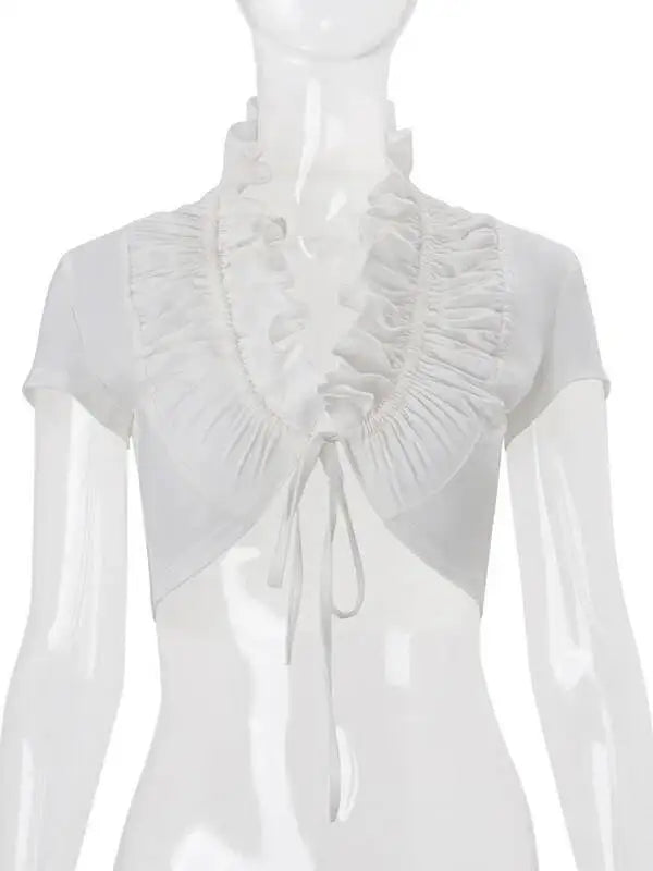 Sexy Deep V Neck Ruched White Crop Top With Ruffles And Lace Up Short Sleeves