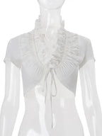 Sexy Deep V Neck Ruched White Crop Top With Ruffles And Lace Up Short Sleeves