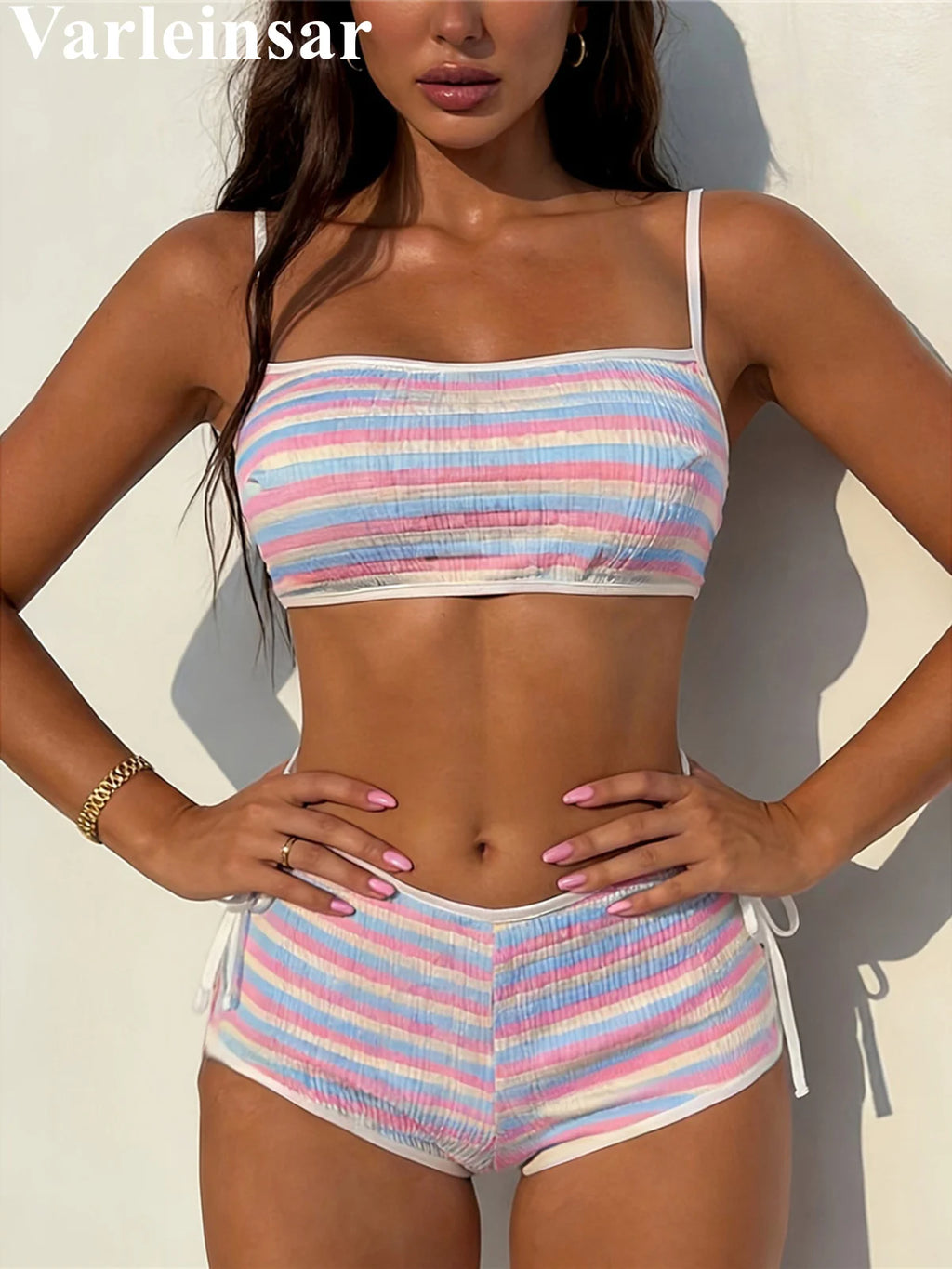 Striped Mid Waist Bikini Female Swimsuit Two-pieces Bikini Set Shorts Padded