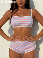 Striped Mid Waist Bikini Female Swimsuit Two-pieces Bikini Set Shorts Padded