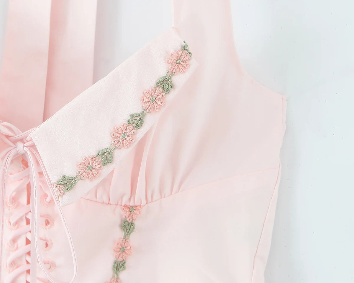 Pink Embroidered Floral Halter Corset Camisole With Ruched Chest Bow And Cross Lacing