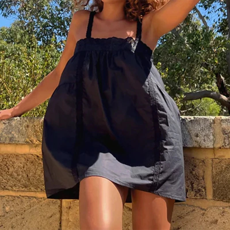 Lace Trim Mini Dress With Ruffle Babydoll Silhouette Spaghetti Strap Boho Sundress