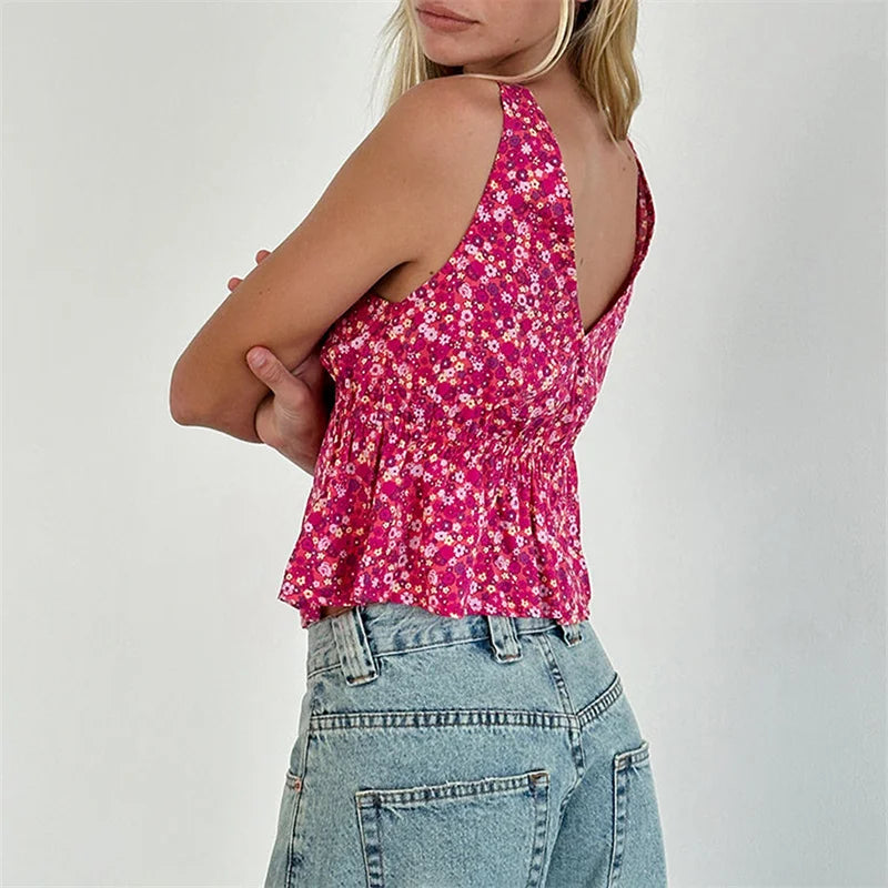 Y2K Floral Print Tie Front Tank Top for Women V Neck Sleeveless