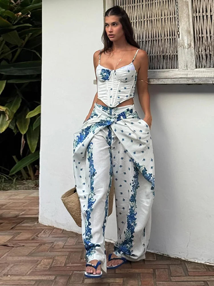 Playful Printed Vest And Trouser Set For Women Two Piece With Sleeveless Slip Top